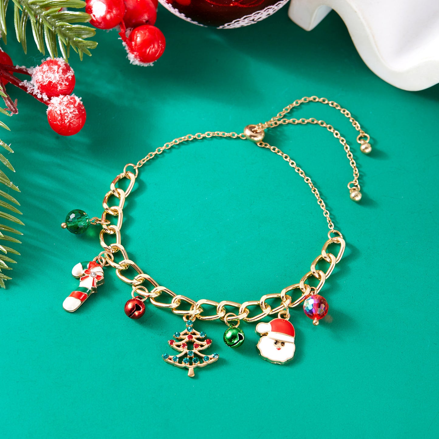 Pulsera de aleación con colgantes de árbol de Navidad, muñeco de nieve, campana, reno y bastón, esmaltada, para mujer
