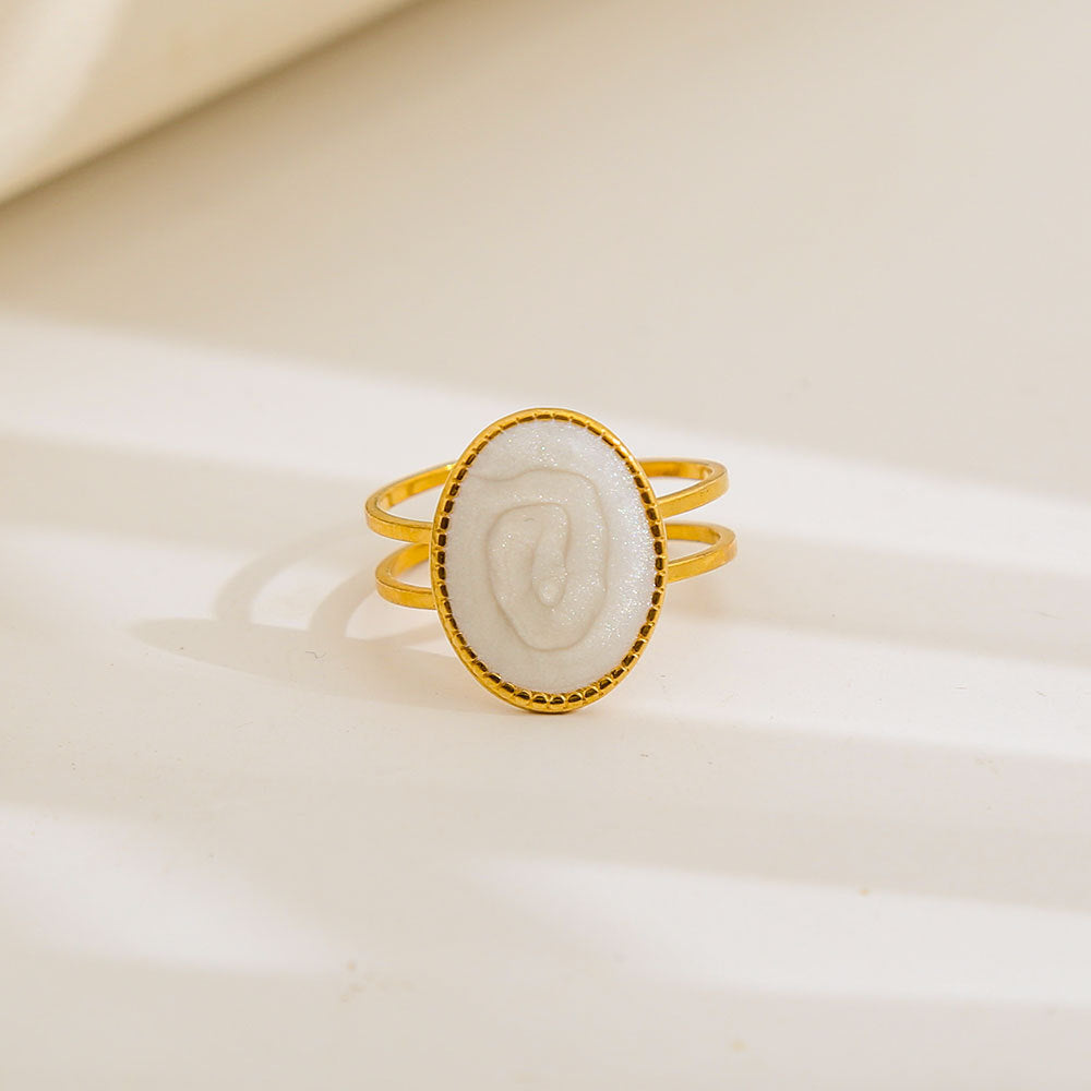 Anello geometrico rotondo in acciaio al titanio con smalto bianco e nero, regolabile, in stile vintage