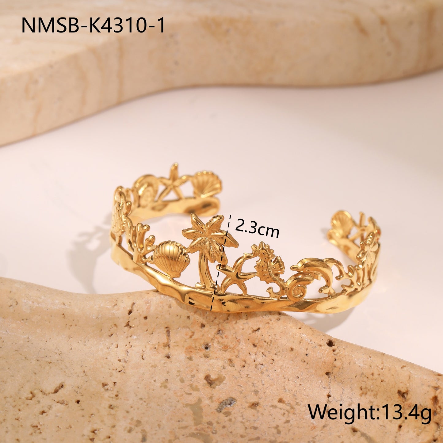Anillo de perlas de lujo con temática de sirena y océano en acero inoxidable con baño de oro y banda abierta ajustable para mujer