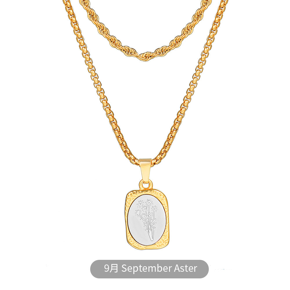 Vintage Two-Tone Gold and Silver Plated Stainless Steel Square Rose Pendant Necklace with Box Chain for Women