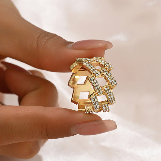 Anillo de aleación con circonita en forma de rombo geométrico minimalista para mujer, estilo moderno para ir al trabajo