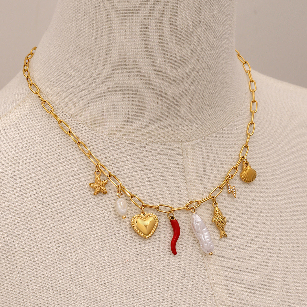Vacation Style Heart and Starfish Pendant Necklace in Stainless Steel with Titanium Steel Charm, Electroplated Finish, for Women