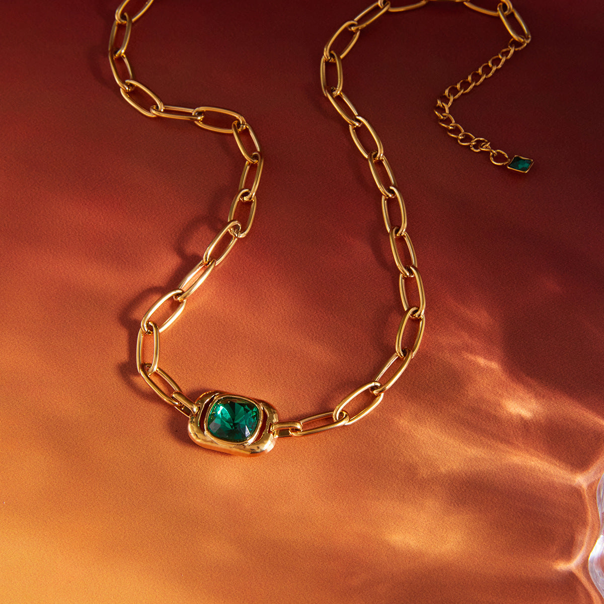 Minimalist Green Glass Geometric Square Stainless Steel PVD Plated Necklace for Women
