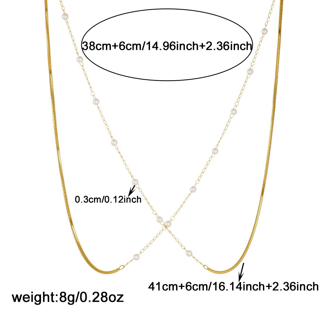Minimalist Luxury Gold Plated Round Snake Chain Stainless Steel Double Layer Faux Pearl Necklace for Women