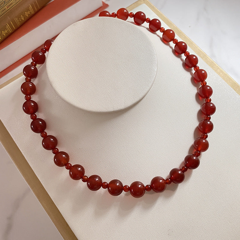 Sweet Sporty Red Beaded Rope Chain Necklace Titanium Steel Plated Adjustable Collarbone Chain for Women and Men