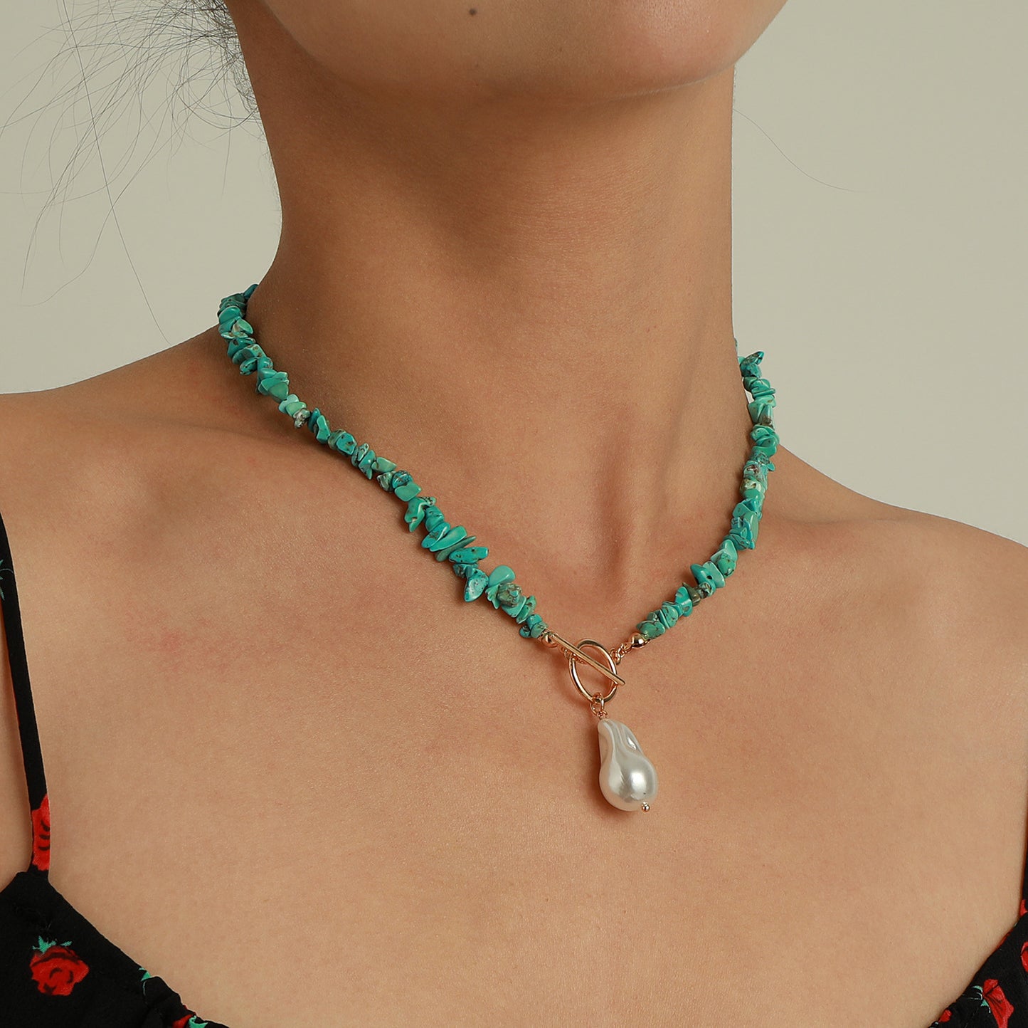 Minimalist Geometric Alloy Necklace with Mother-of-Pearl Pendant and Turquoise Accents, Electroplated Finish
