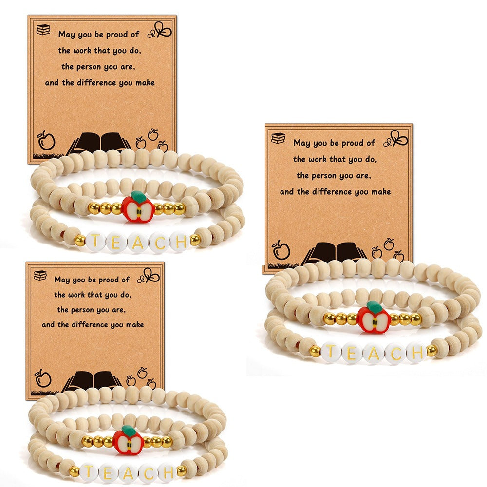 Handmade Wood Bead Apple Charm Bracelet for Women