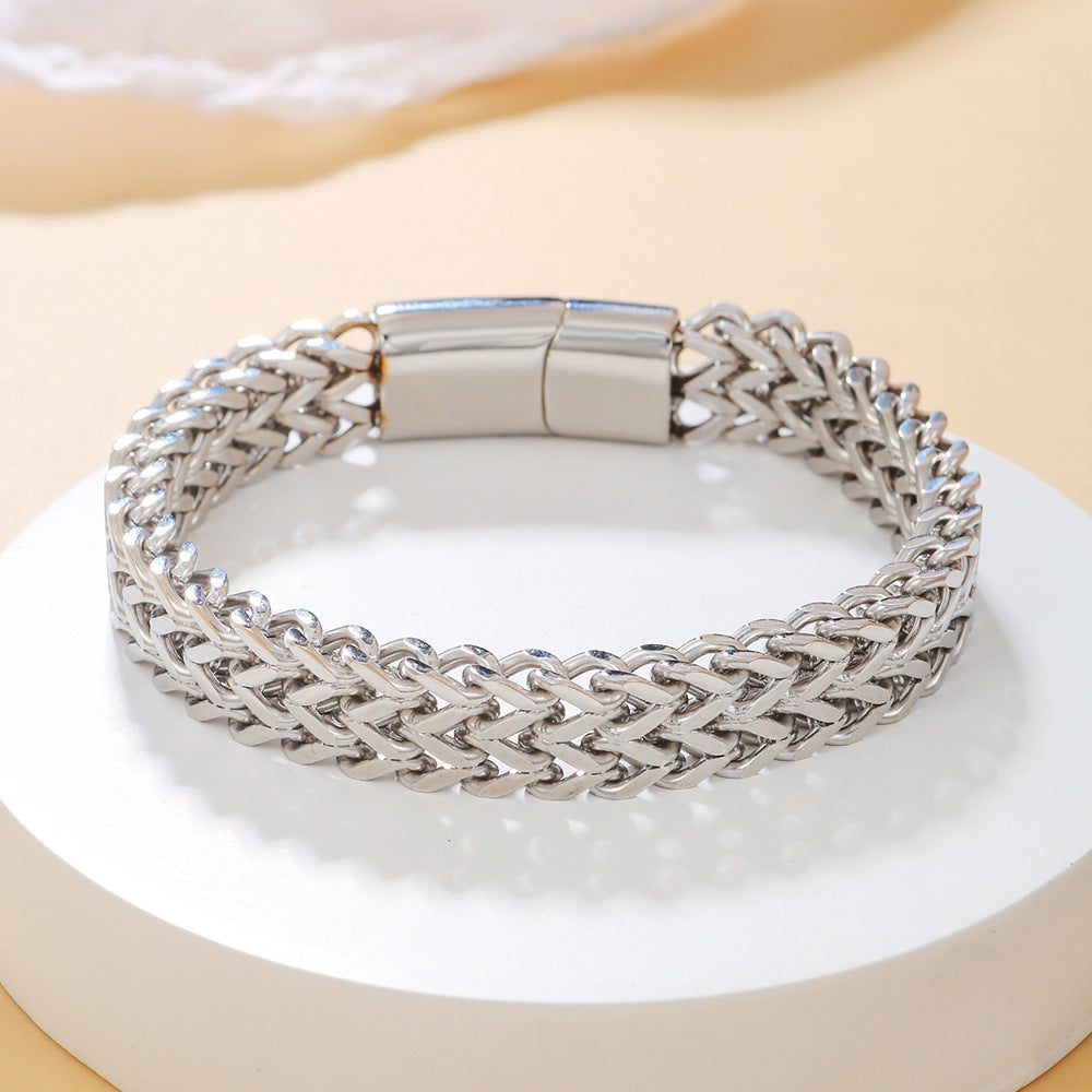 Men's Stainless Steel Plated Round Geometric Woven Double Row Dragon Bone Magnetic Clasp Bracelet