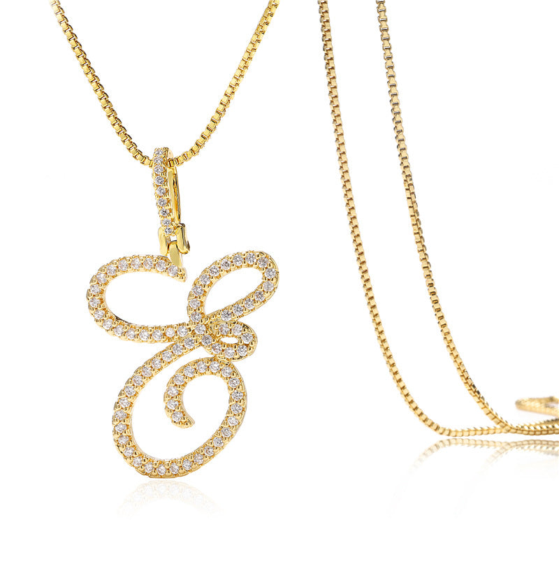 Minimalist Geometric Letter Pendant Necklace in Brass with Micro-Pavé Setting on Box Chain