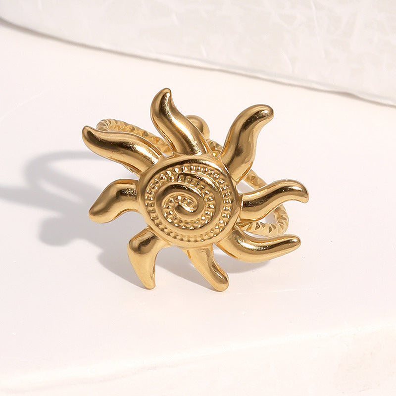 Anello aperto geometrico con sole in acciaio inossidabile placcato oro 18 carati, stile minimalista vintage, da donna