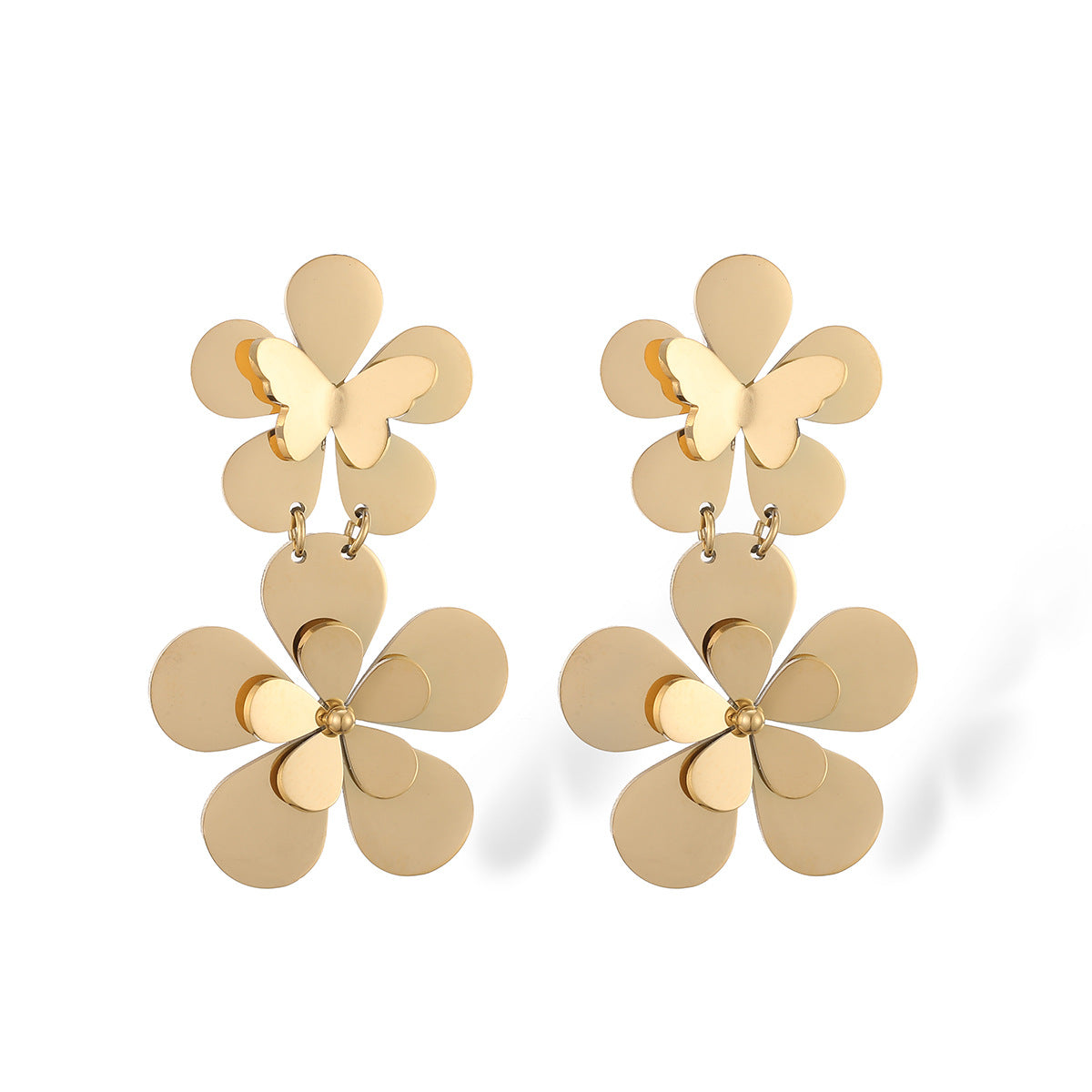 Minimalist 18K Gold Plated Stainless Steel Geometric Flower Drop Earrings for Women