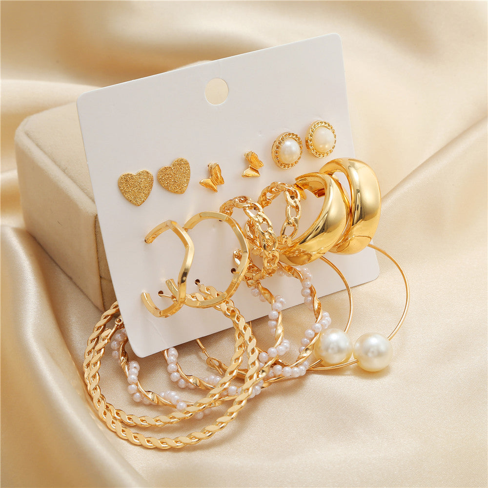 Elegant Geometric Heart Butterfly Pearl Hoop Earrings Set Alloy Plated Stainless Steel Post for Women