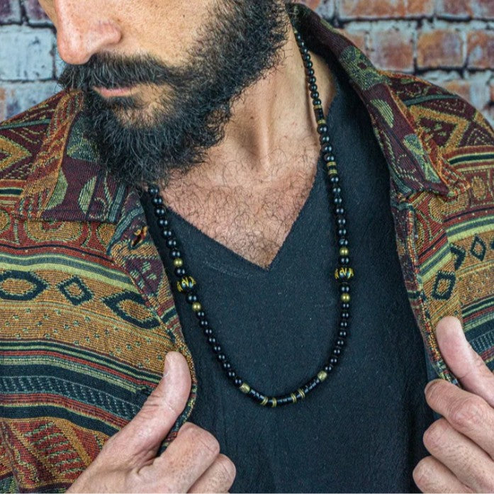 Vintage Ethnic Geometric Wood Necklace with Black Agate and Alloy Pendant for Men