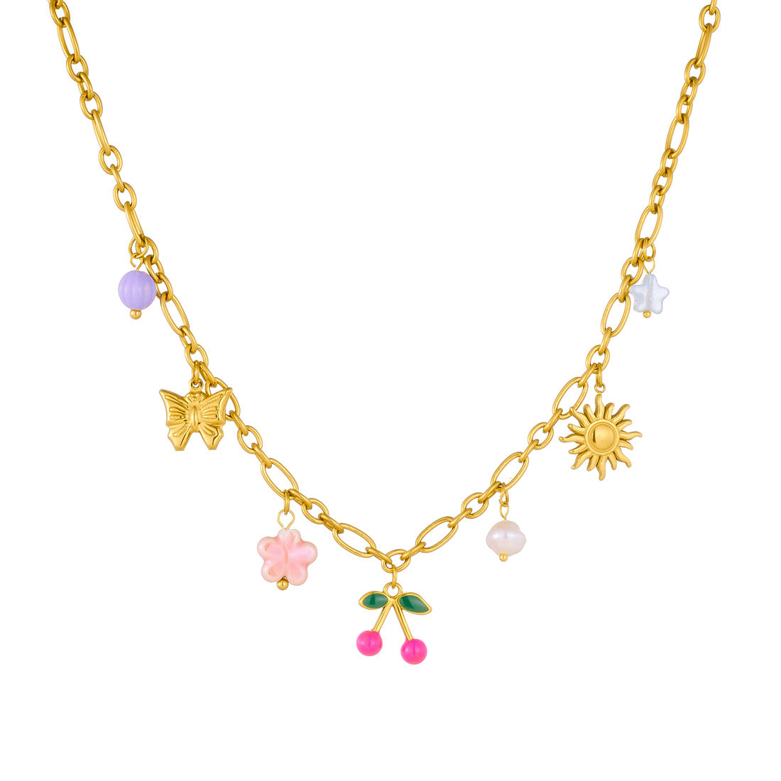 Vintage Sweet Floral Butterfly Drip Oil Gold Plated Stainless Steel Necklace with Pearl and Cherry Pendant