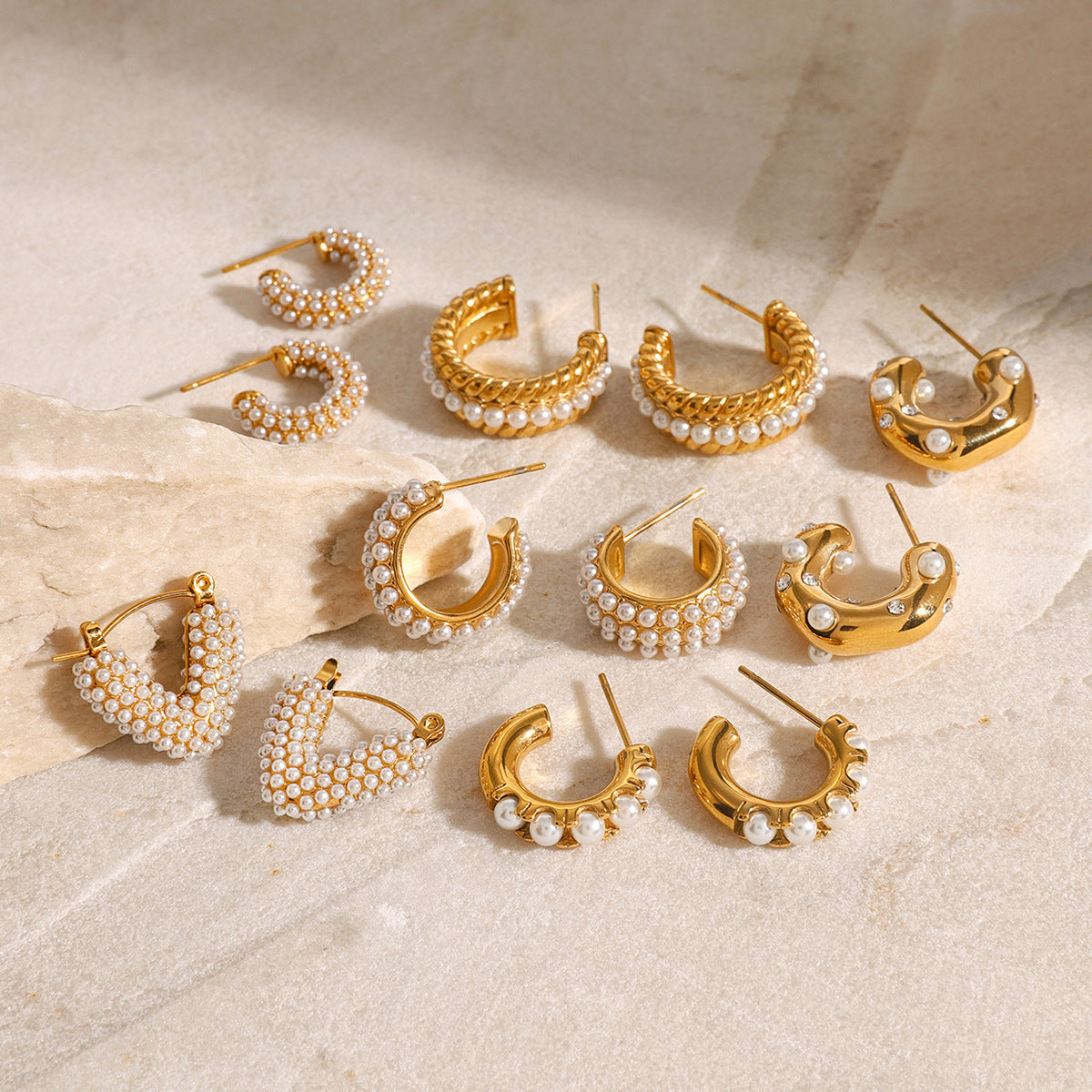 Sweet Geometric Stainless Steel C-Shape Hoop Earrings with Pearl Inlay for Women