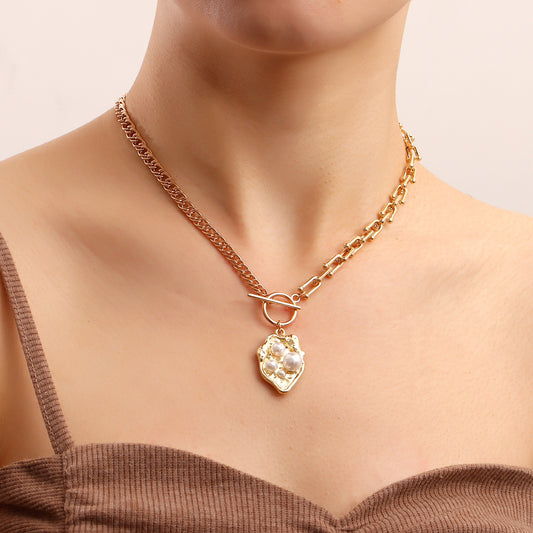Minimalist Geometric Alloy Pendant Necklace for Women with Plated Finish and Pearl Accent on Clavicle Chain