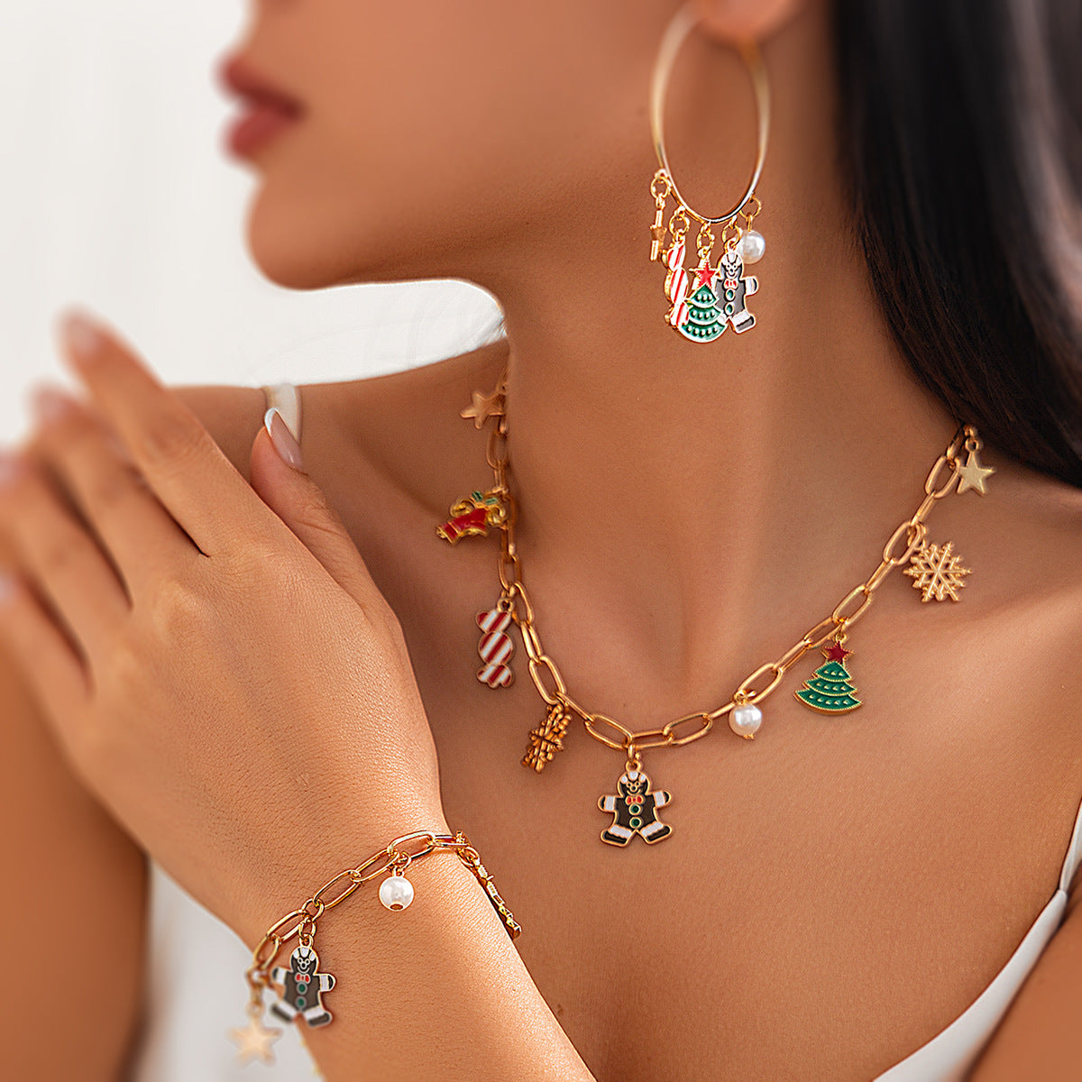 Collana con Pendente a Nappa a Campana e Albero di Natale da Donna in Lega con Finitura Placcata, Design a Stella e Geometrico
