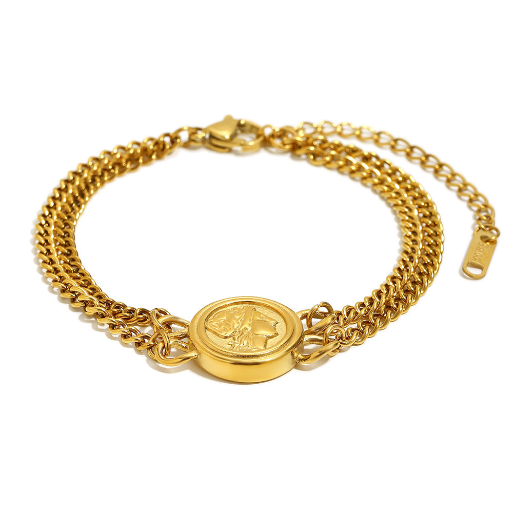 Fashionable Vintage Geometric Stainless Steel Plated 18K Gold Double Layer Queen Portrait Bracelet for Women