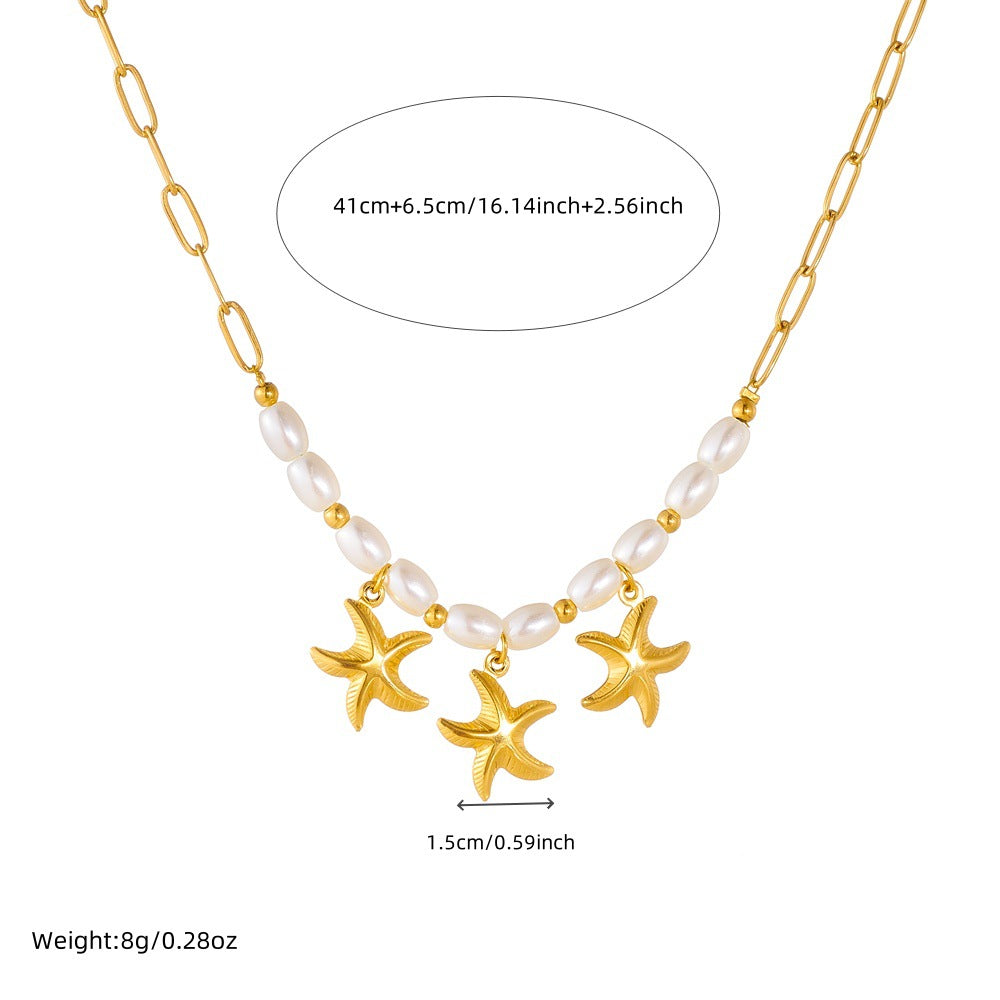 Minimalist Gold Plated Starfish Stainless Steel Necklace with Simulated Pearl Beads for Women