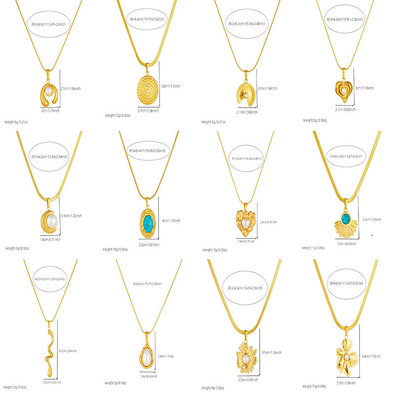 Vintage Gold Plated Heart Teardrop Stainless Steel Necklace and Earring Set with Turquoise and Pearl on Snake Chain for Women