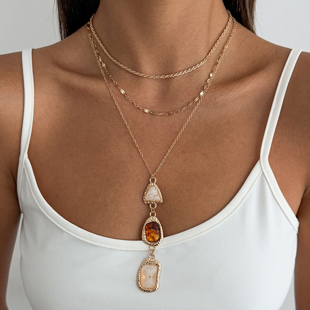 Elegant Geometric Square Resin Gemstone Pendant Necklace Plated Alloy Layered Cable Chain for Women