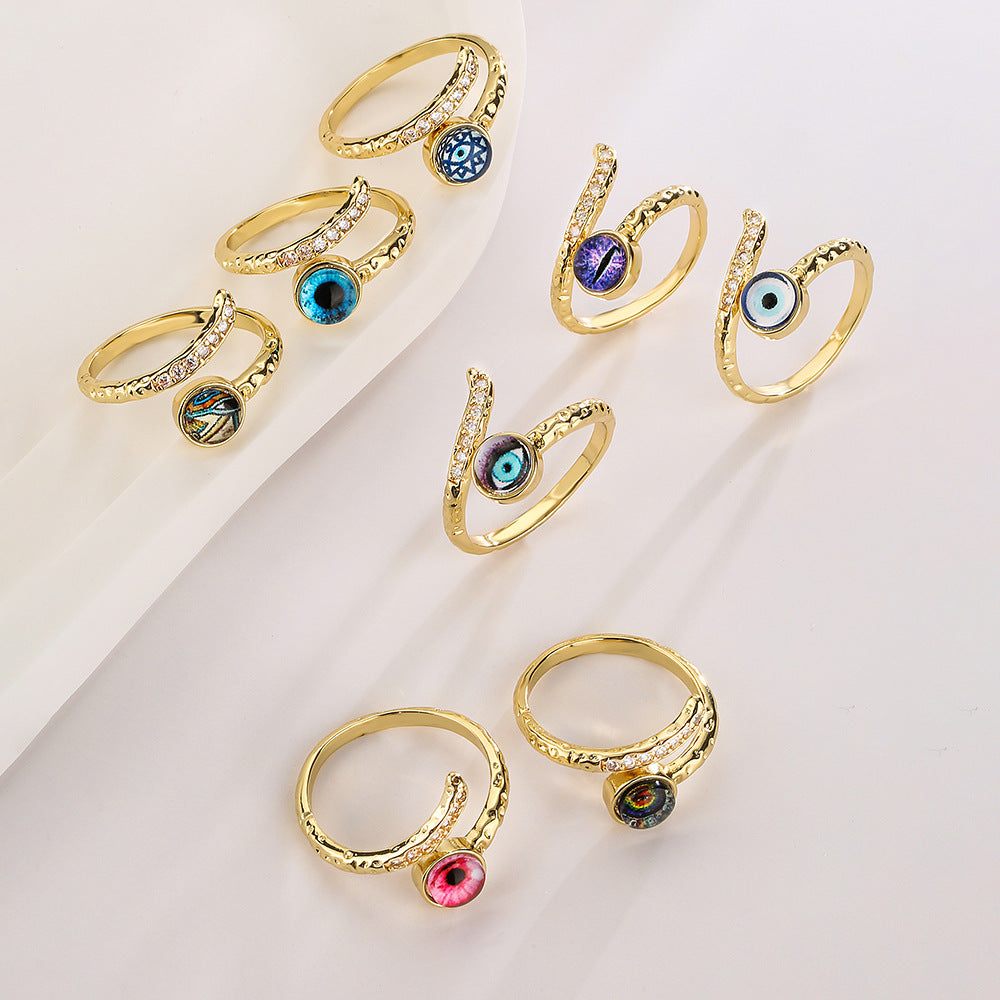 Anello aperto geometrico da donna con base in rame placcata in oro 18 carati e design a occhio turco con zirconi micro-incastonati