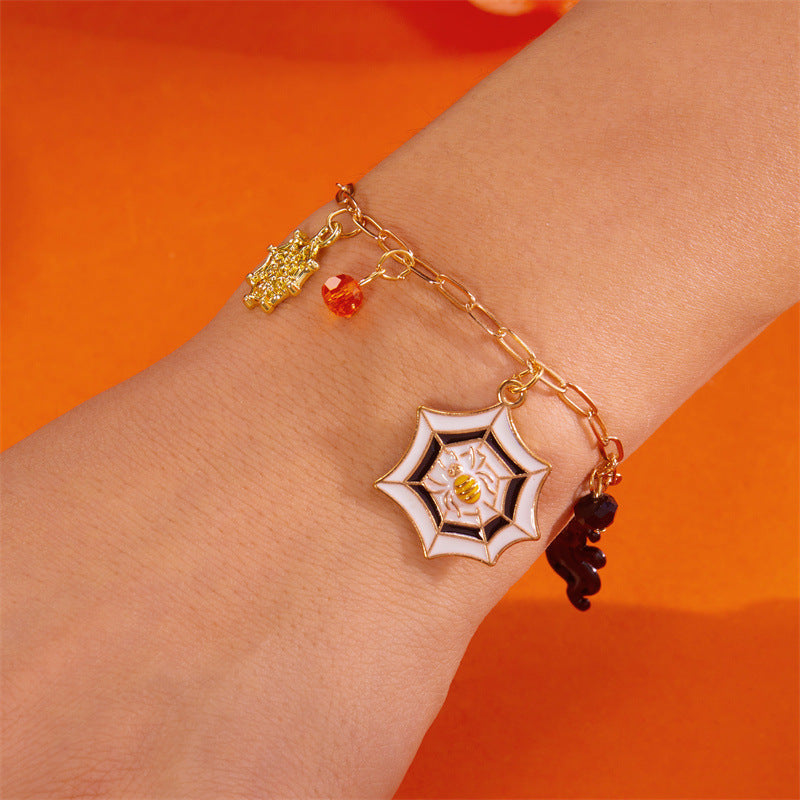 Bracciale in lega con teschio di zucca a cartone animato gotico scuro da donna con finitura placcata