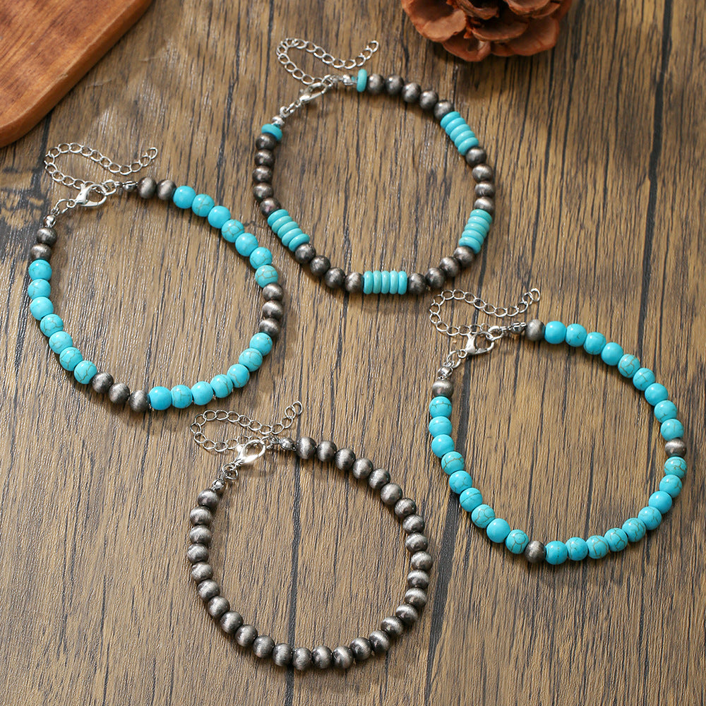 Vintage Textured Tin CCB Beaded Bracelet with Turquoise Stones for Women