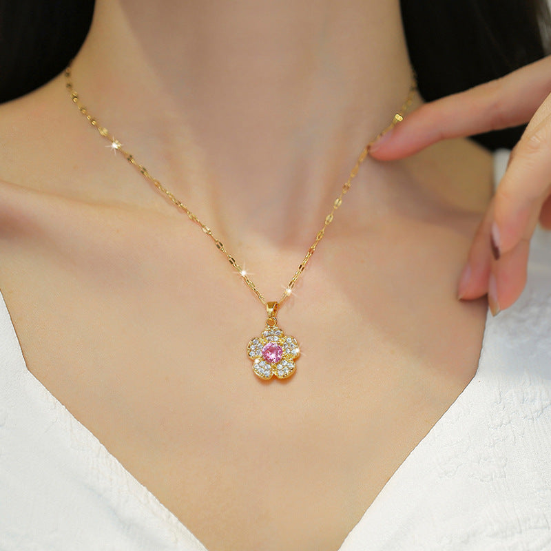 Elegant Floral-Shaped Titanium Steel Micro-Pave Necklace for Women Delicate Clavicle Chain