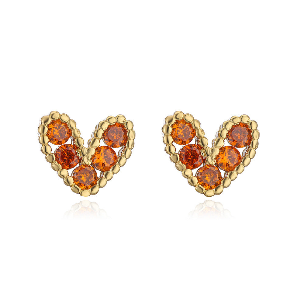 Minimalist 18K Gold Plated Brass Heart Stud Earrings with Cubic Zirconia for Women