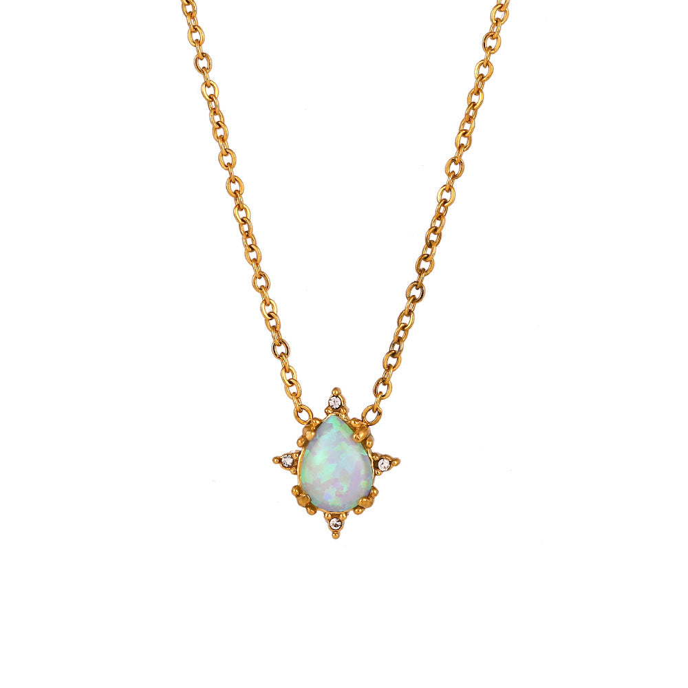 Fashionable Vintage-Style Geometric Drop-Shaped Opal Pendant Necklace with Gold-Plated Stainless Steel Chain for Women