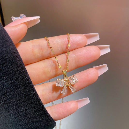 Cartoon Style Butterfly Pendant Necklace for Women in Titanium Steel with Micro-Pavé Zirconia, Delicate Clavicle Chain Design