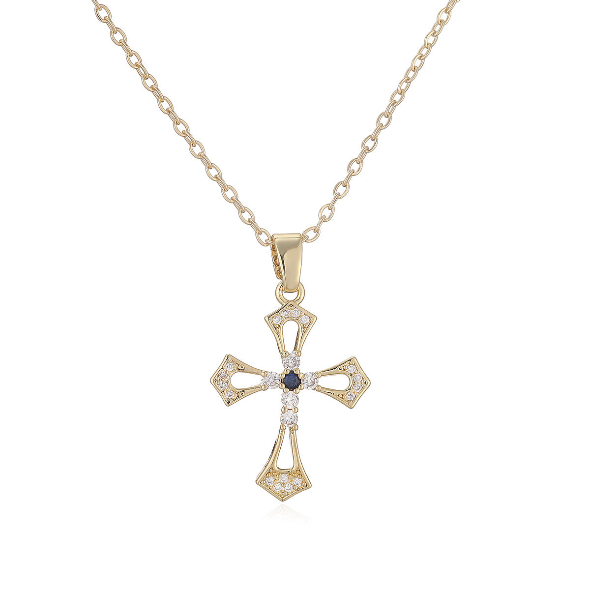 Minimalist 18K Gold Plated Brass Cubic Zirconia Cross Pendant Necklace for Women