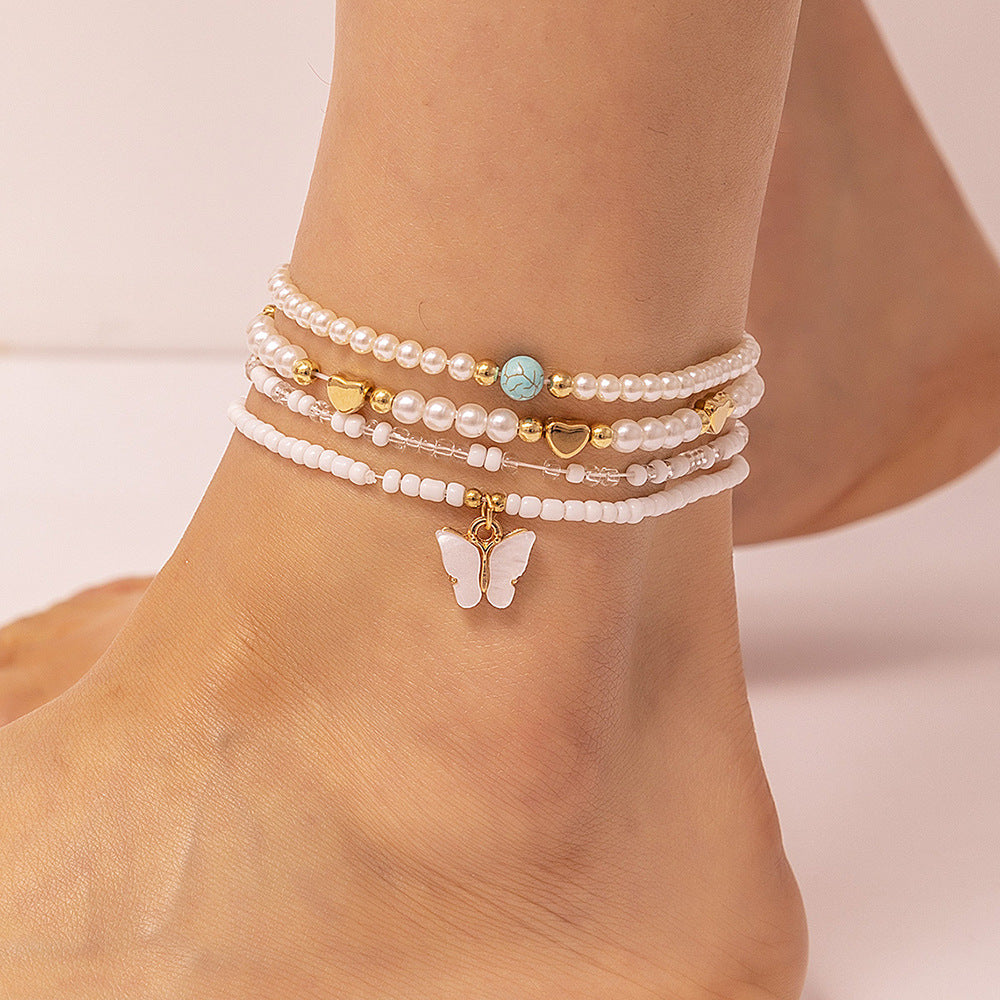 Tobillera de Perlas en Forma de Mariposa Minimalista para Niñas con Diseño Tejido a Mano y Acento de Estrella
