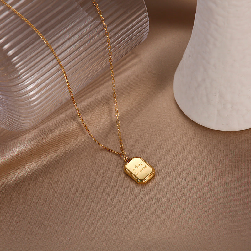 Minimalist Square Chocolate-Inspired Titanium Steel Necklace with Geometric Frame Pendant on Wavy Chain for Women and Men