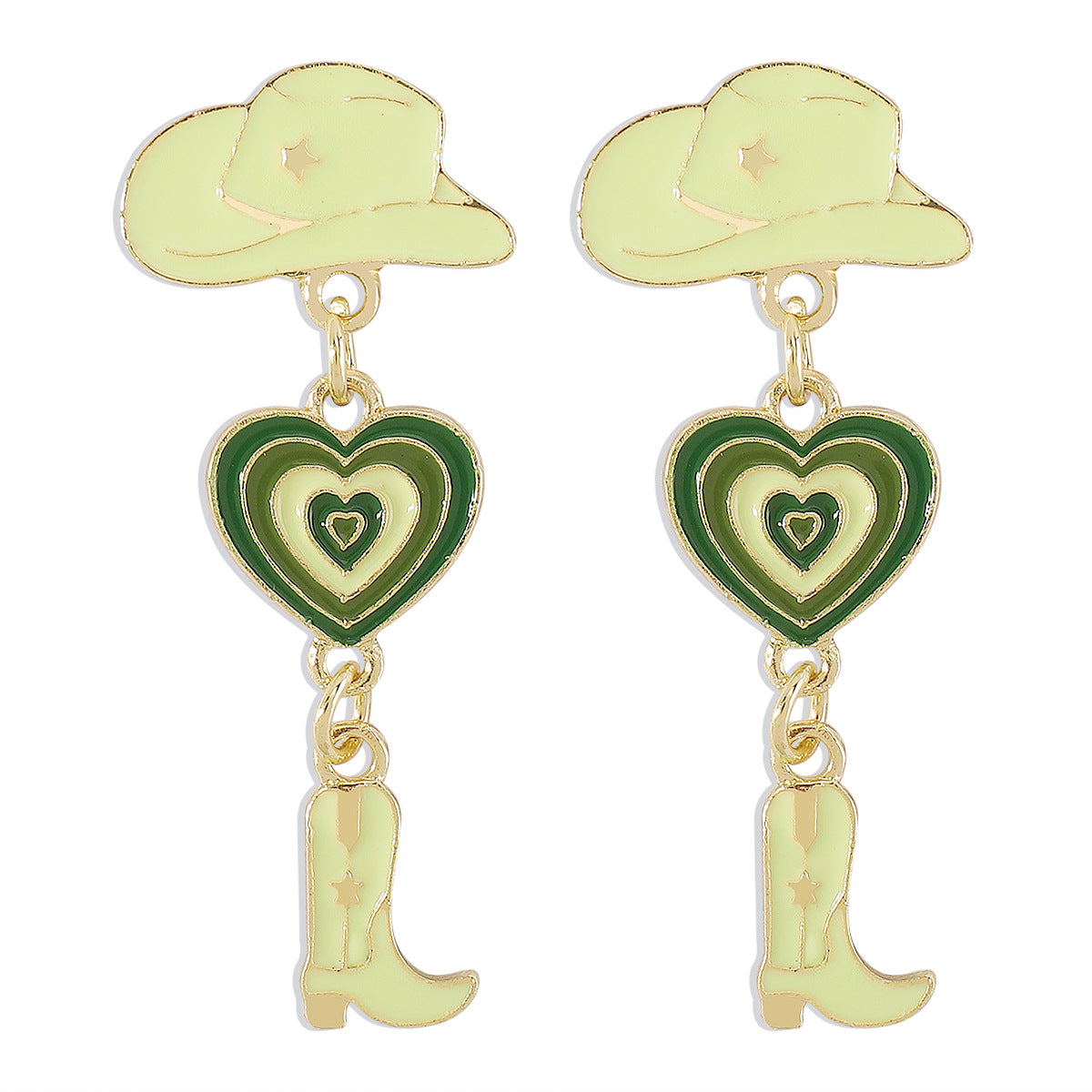 Pendientes Geométricos de Aleación Dulces y Atrevidos con Acabado de Esmalte en Forma de Sombrero de Vaquero y Bota con Corazón