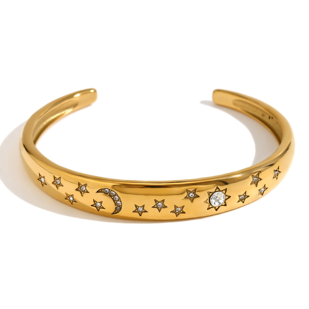 Fashionable Minimalist Star and Moon Shaped Stainless Steel Plated 18K Gold Bracelet with White Rhinestones for Women