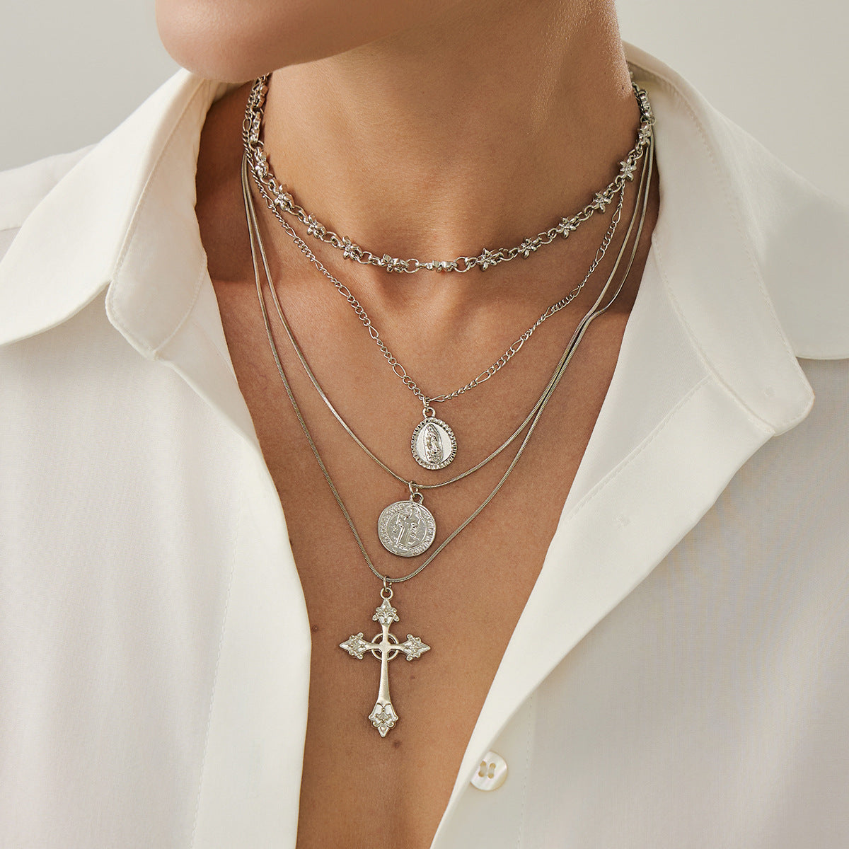 Minimalist Cool Vintage Cross Pendant with Tassels on Snake Chain Choker for Women in Metal with Plating Finish