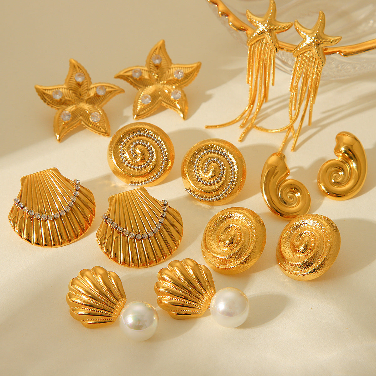 Ins Style Seashell and Starfish Shaped Titanium Steel Earrings with 18K Gold Plating for Women