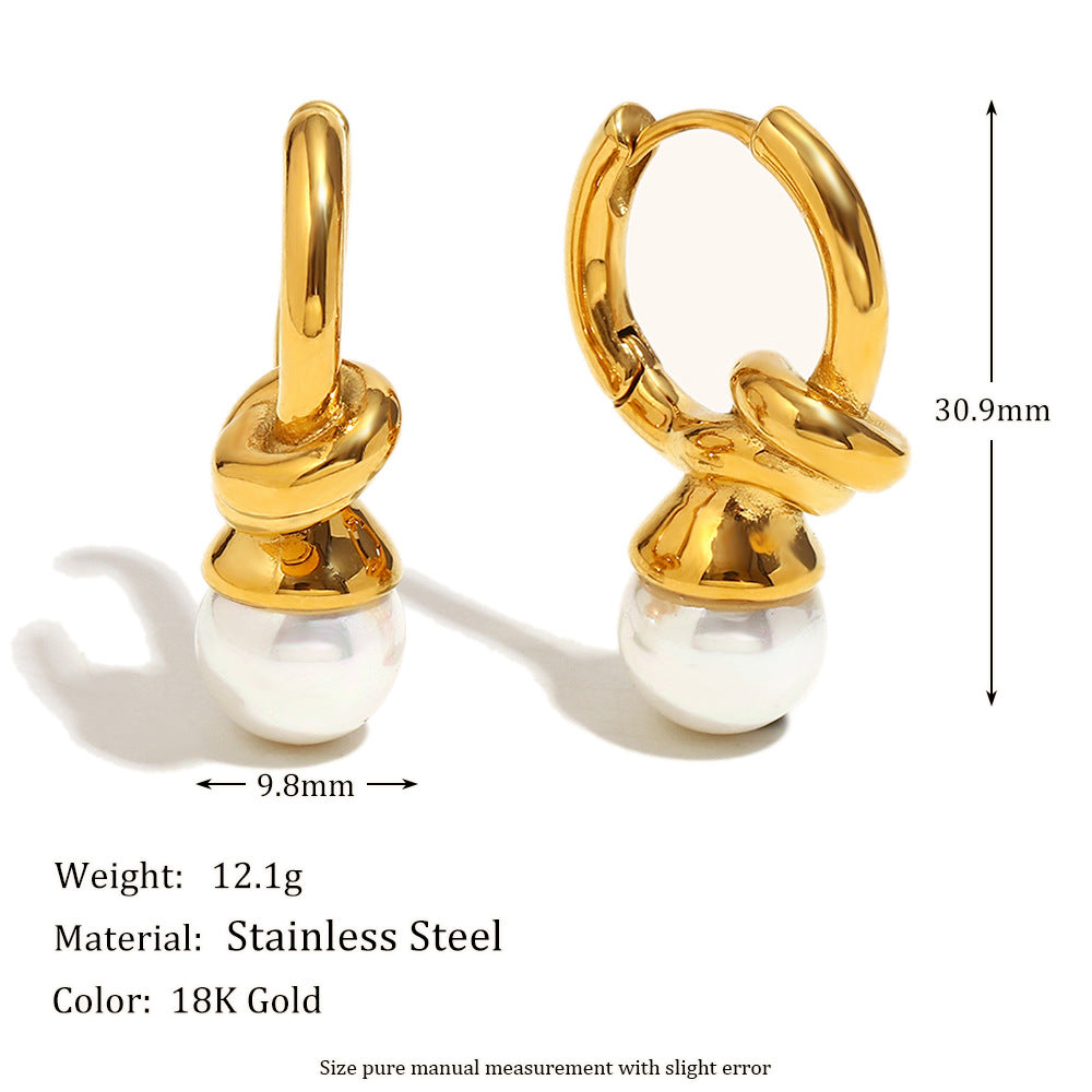 Vintage French Style 18K Gold Plated Stainless Steel Knotted Heart Pearl Hoop Earrings for Women