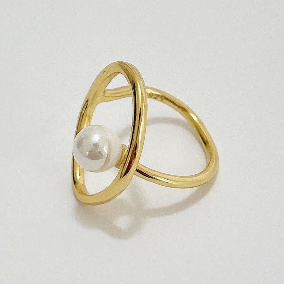 Anillo de Corazón Geométrico Minimalista de Plata de Ley 925 con Perla Incrustada para Mujer
