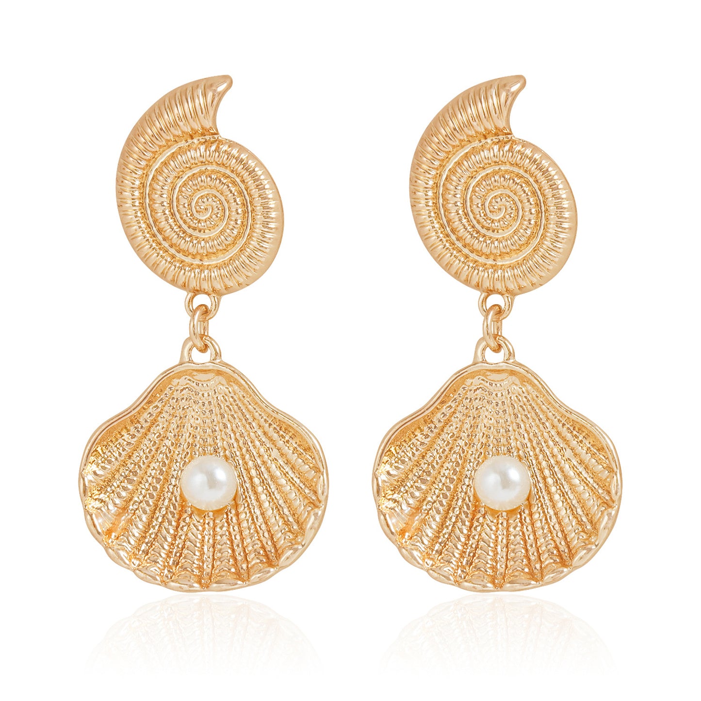 Vintage Style Geometric Seashell Earrings with Pearl Accents in Zinc Alloy with Electroplating Finish for Women