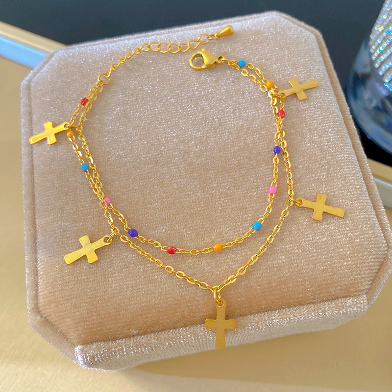Minimalist Colorful Drip Oil Cross Geometric Titanium Steel Bracelet for Women