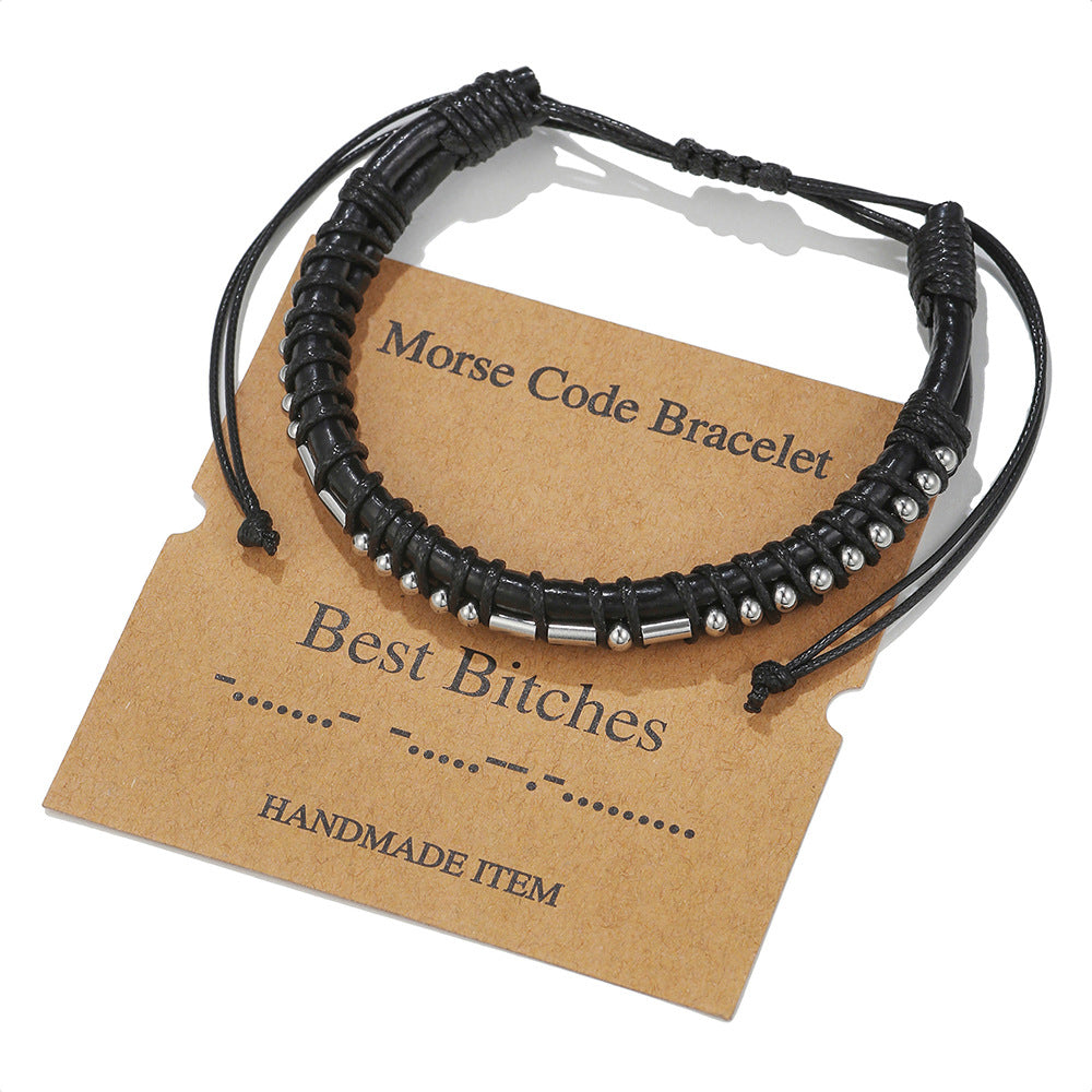 Morse Code Letter Number Stainless Steel Leather Bracelet Unisex