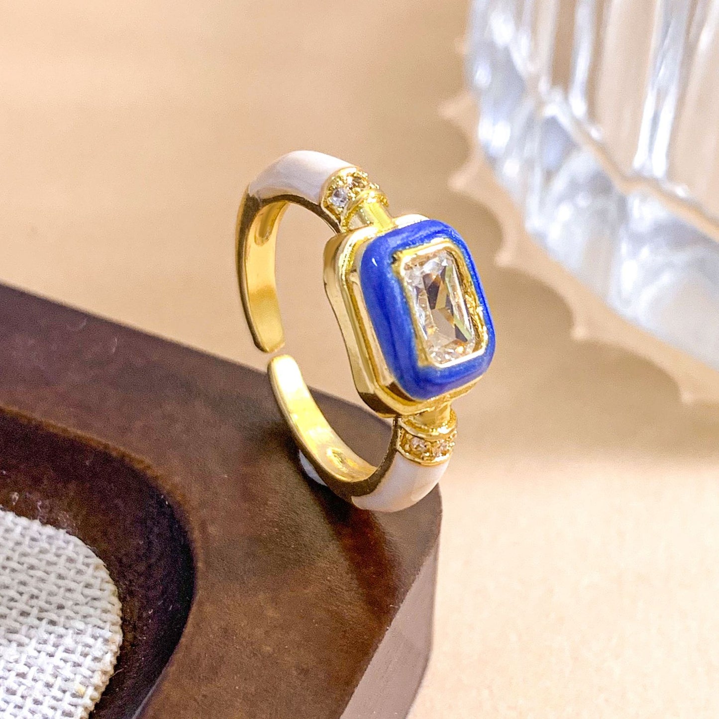 Sweet Geometric Square Gold Plated Brass Ring with Cubic Zirconia and Enamel Drip Oil Design for Women
