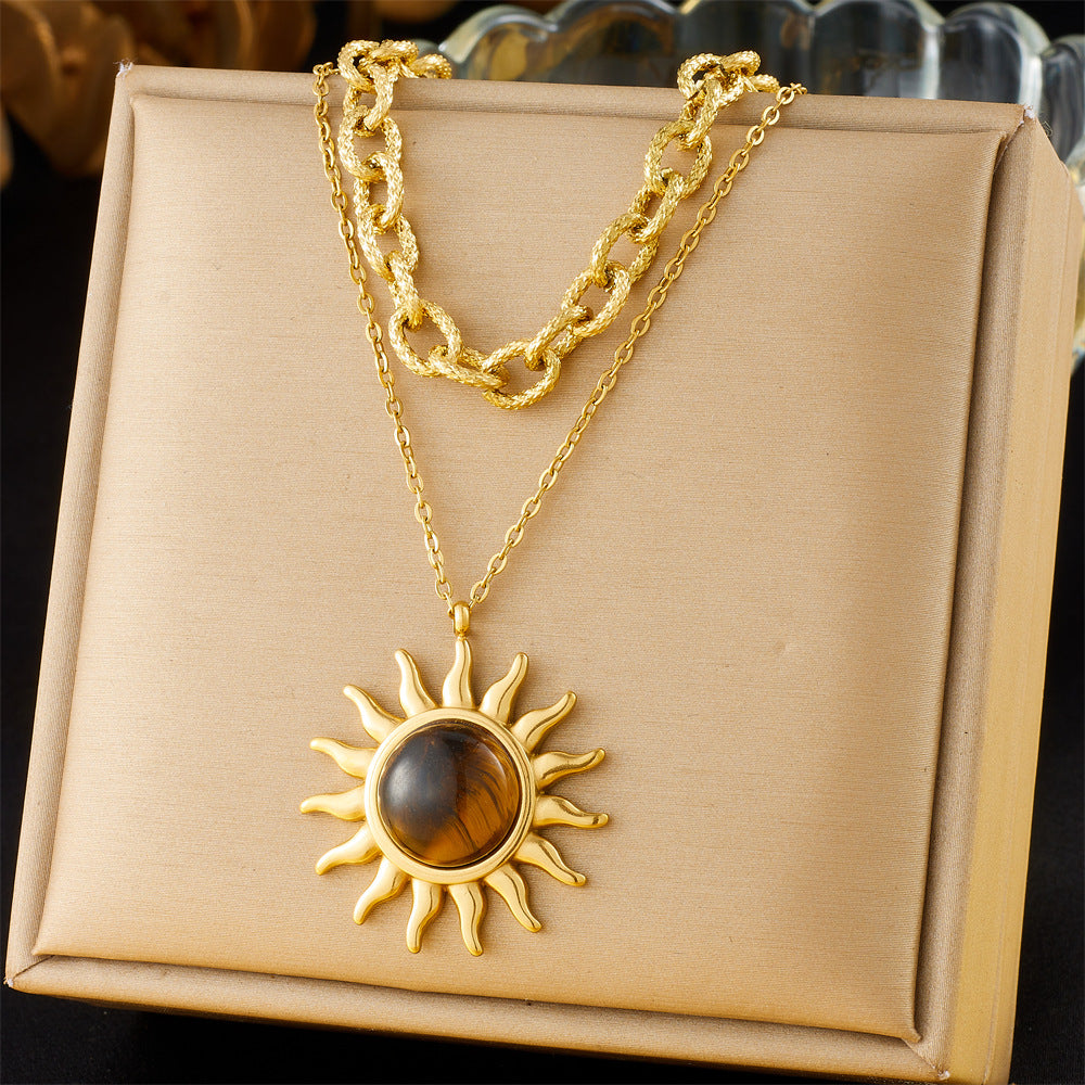 Vintage Fashion Sun-Shaped Geometric Pendant Necklace in Stainless Steel with Plated Finish for Women