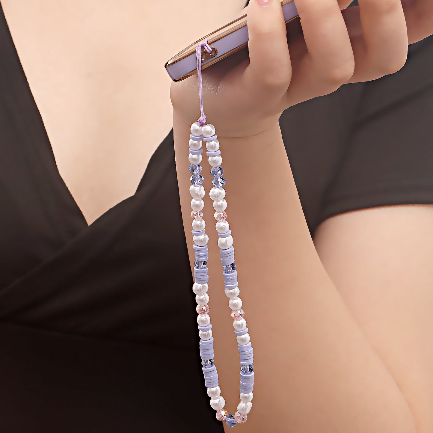 Purple Geometric Resin Beaded Phone Chain with Metal Plated Accents