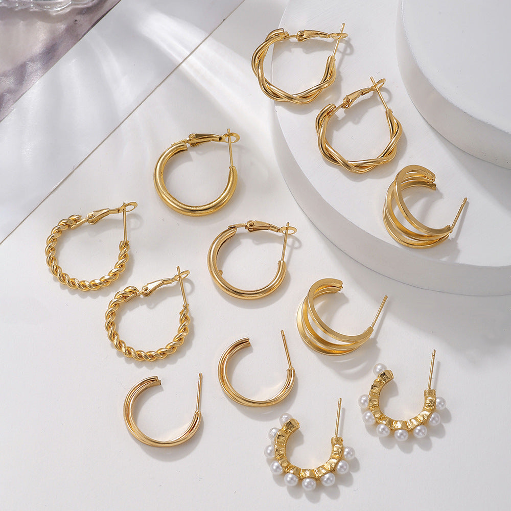 Minimalist Elegant Round Geometric Alloy Plated Rope Chain C-Hoop Earrings with Pearl