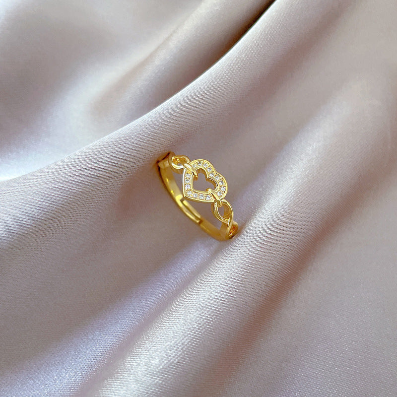 Adjustable Heart Ring with Full Rhinestone Inlay, Plated Brass, Kawaii Fresh and Sweet Style Women's Band Ring