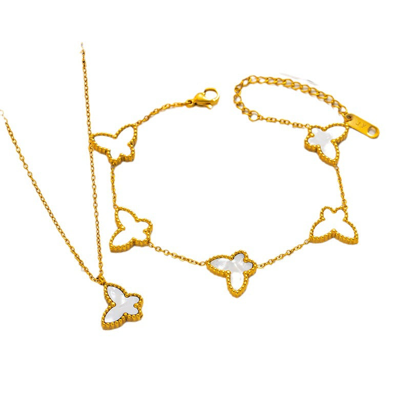 Set di collana, orecchini e bracciale minimalista con farfalla in acciaio al titanio con finitura placcata